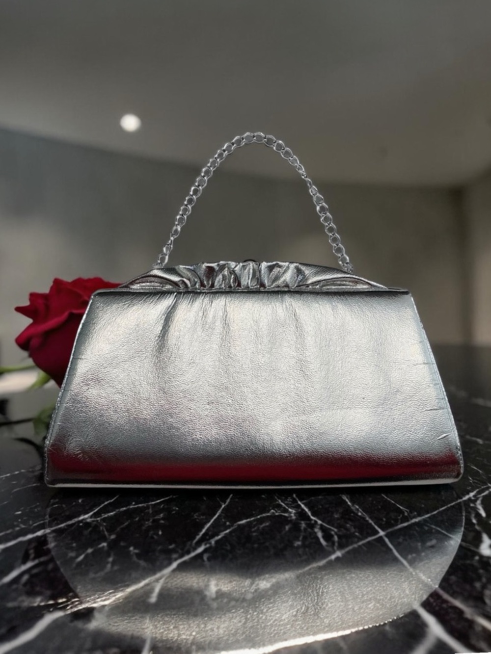 Vintage 70s 80s Silver Ruffled Opening Clutch Evening Bag Handbag